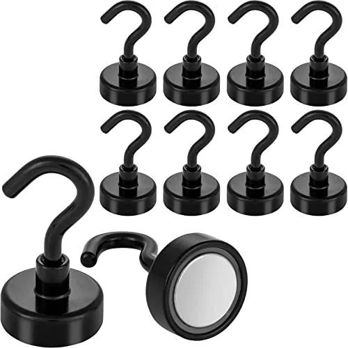 POPPSTAR 10 Stück Magnethaken schwarz klein (Haftkraft 12 kg, Länge 4cm, Durchmesser 2 cm) Neodym Mini Magnet-Haken