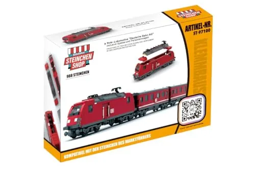 Steinchenshop Rote DB Lokomotive mit Speise- und Personenwagen – 988 Klemmbausteine – 76,5 cm lang – mit bedruckten Steinen – kompatibel mit gängigen Bausteinsystemen