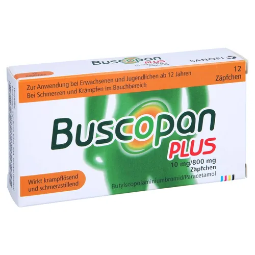 Buscopan Plus Suppositorien 10 mg / 800 mg - 12 Stück - Praktische Zäpfchen zur Linderung von krampfartigen Beschwerden im Bauchbereich. Einfach anzuwenden und ideal für schnelle Erleichterung bei Beschwerden.