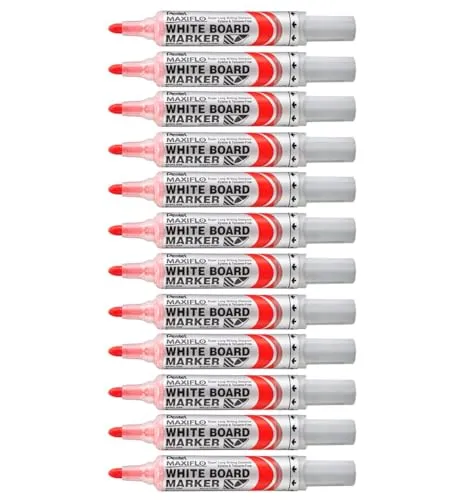 Pentel Maxiflo MWL5M Boardmarker 12 Stück rot - Flüssigtintenmarker für perfekte Sichtbarkeit - Weißwandstifte mit Pumpsystem für gleichmäßigen Tintenfluss, ideal für Whiteboards und Porzellanflächen. Set mit 12 rot schreibenden Markern.