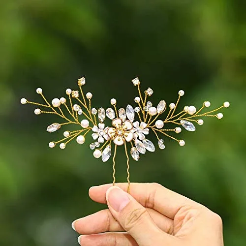 IYOU Brautblumen-Haarnadeln, Silber, Kristall, Haarnadeln, Strass, Hochzeit, Kopfschmuck, Perlen, Brautschmuck, Haarschmuck für Frauen und Mädchen (Pacchetto di 2 )(Gold)