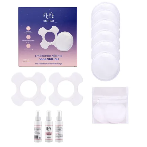 NuNi Still-Set - Stilleinlagen & Stillhilfen, selbstklebende Silikonpads für entspannte Stillzeiten ohne BH, hygienisch und mehrfach verwendbar, inklusive Reinigungsspray.