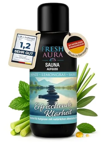 FRESH AURA Saunaaufguss – Sauna Aufgussmittel mit Minze, Lemongras, Salbei – Sehr ergiebiger und langanhaltender Saunaduft mit natürlichen ätherischen Ölen | Made in Germany (100ml)