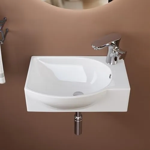 DeerValley Waschbecken klein Weiß – Mini Wandwaschbecken 305×240 mm aus Keramik mit größerem Innenraum, Becken links & Armaturloch rechts, ideal für Gäste-WC