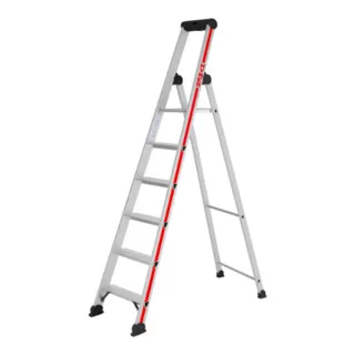 Hymer Stufenstehleiter mit Plattform - 6 Stufen, einseitig begehbar - Leitern mit ergonomischem Design für sicheren Stand und komfortables Arbeiten. Ideal für längere Einsätze dank großer Plattform und praktischer Ablageschale.