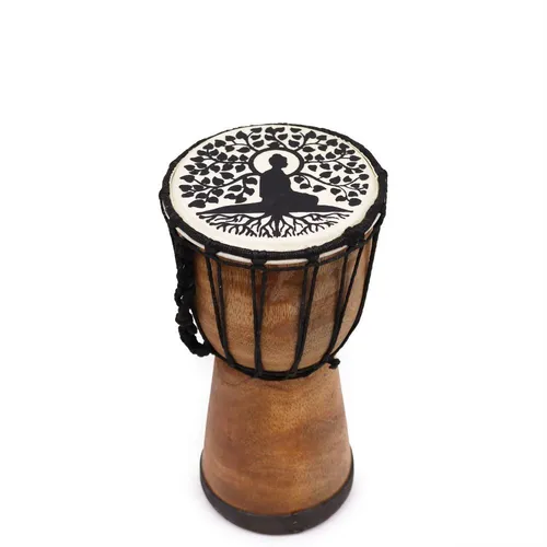 Handgefertigte Djembe-Trommel mit Buddha-Motiv – 25 cm - Djembe-Trommel mit einzigartigem Buddha-Motiv, handgefertigt aus hochwertigem Holz und Ziegenleder, ideal für kreative Musikanwendungen.