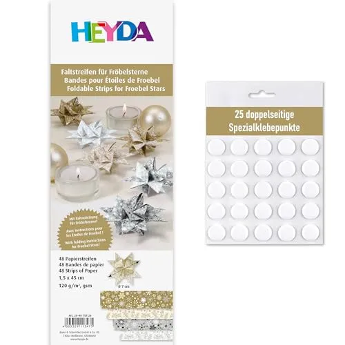 Heyda Faltstreifen für Fröbelsterne – 48 Streifen, 1,5×45 cm, 120 g/m² – beidseitig bedruckt – Bastelpapier Set für 12 Sterne – mit Anleitung – inklusive 25 Klebepunkten (silber-gold 1,5x45cm)