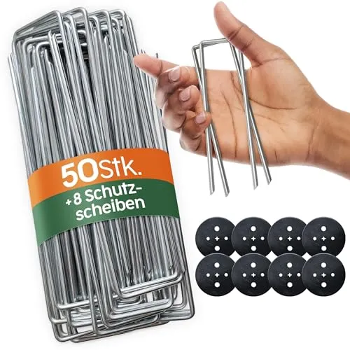 Erdanker, Bodenanker 50 Stücke + 8 Unterlegscheiben inklusive - 150 MM Lang, 25 MM Breit, Ø 3 MM - für Garten, Mulch und Kunstrasen, aus Metall, Verzinkte, Camping, Reise, Stahl