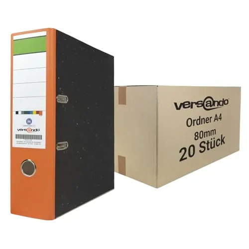 versando 20x breiter Premium Ordner DIN A4 Rücken 8cm Aktenordner Ringordner - Blauer Engel zertifiziert - orange (1 Karton)