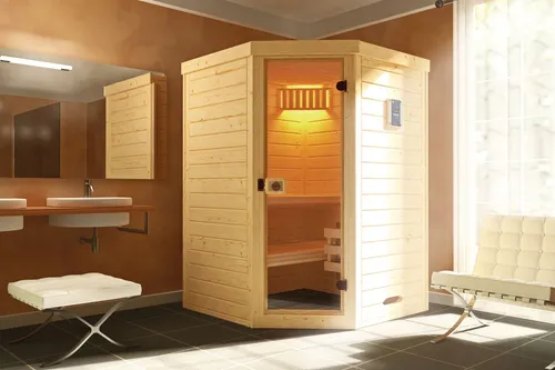 Weka Massivholz Element Sauna 38 mm LAUKKALA 1 - Sauna aus hochwertigem Massivholz, bietet entspannende Wellnessmomente im eigenen Zuhause.