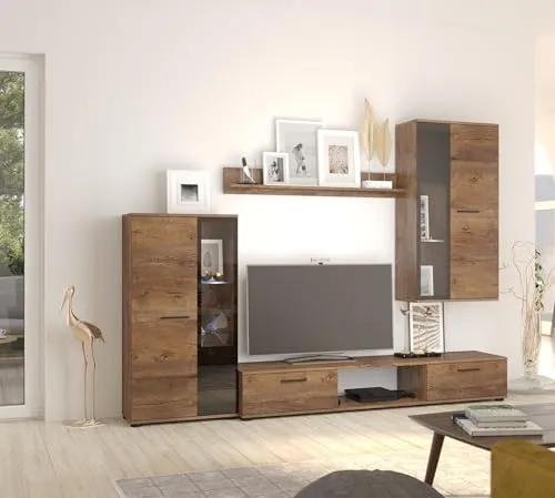 Küchen-Preisbombe TOP Wohnwand Salsa - Stylische Wohnwand in Eiche Lefkas matt und Schwarz, bietet praktischen Stauraum und ist ein echter Hingucker. Hohe Qualität zum fairen Preis, Stellmaß: 235/180/40,2 cm.