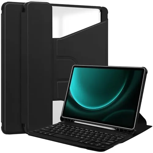 Lobwerk 3in1 Bluetooth Tastatur (Schwarz m. Beleuchtung) + Maus (Schwarz) + Cover für Samsung Galaxy Tab S9+ Plus 2023 SM-X810 SM-X816B SM-X818U 12.4 Zoll Zoll Case Schutz Hülle Tasche Keyboard
