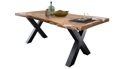 Massivart® Baumkantentisch TOMASO - Industrial Look aus Massivholz - Baumkantentisch aus hochwertigem Mango-Massivholz mit 55 mm Tischplatte und stabilen X-Gestellen aus schwarz lackiertem Metall. Ideal für ein einzigartiges Wohnambiente im Industrial Style.