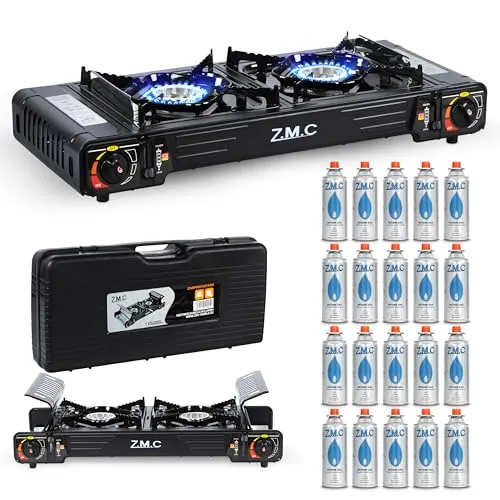 Z.M.C Premium Camping Gaskocher 2-flammig mit 20 Gaskartuschen - Campingkocher mit 2 leistungsstarken Brennern und Piezozündung, ideal für Outdoor-Abenteuer oder Zuhause. Kompakt im Transportkoffer, effizient im Gasverbrauch – perfekt für Grillen und Kochen überall!