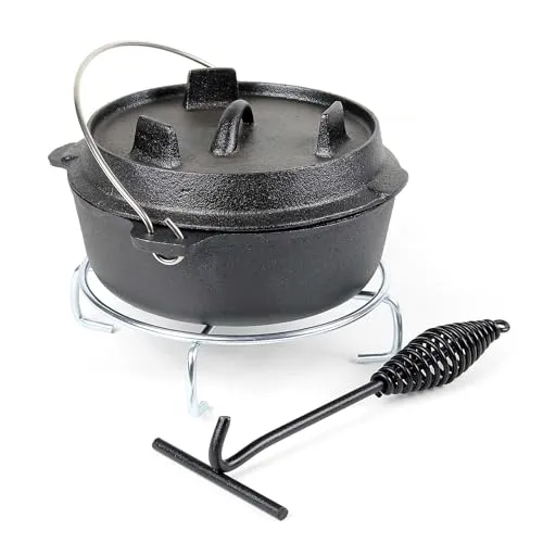 Wiltec Dutch Oven 4l mit Untersetzer und Deckelheber, Kochtopf aus Gusseisen für Lagerfeuer und Camping