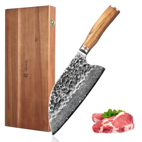 Wakoli HS Damast Santokumesser 20 cm mit Olivenholzgriff - Küchenmesser mit 20 cm Damaststahl-Klinge, ideal für Fisch, Fleisch und Gemüse. Der elegante Olivenholzgriff sorgt für optimale Handhabung und Stil in Ihrer Küche.
