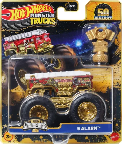 Mattel HW Monster Trucks Bigfoot Tro 1 - Jubiläumsedition - Feiern Sie das 50. Jubiläum mit dem Bigfoot Monster Truck im Maßstab 1:64. Mit goldenen Akzenten und einer Trophäe ist dieser beliebte Truck perfekt für Kinder von 3 bis 6 Jahren. Spaß garantiert!