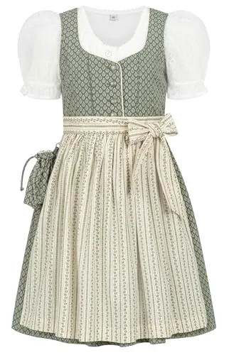 Nübler Dirndl Mädchen - 3 teiliges Set Dirndl Kleid mit Trachtenbluse und Schürze traditionell - Moderne bayrische Tracht, Fredericke in Salbei, Größe:164