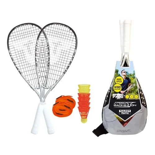 Talbot-Torro Speed-Badminton Premium-Set Speed 7700 - Badminton- & Federballsets mit 2 leichten Graphit-Composite Rackets und 6 windstabilen Federbällen, ideal für spannende Spiele im Freien.