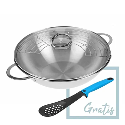 GRÄWE Edelstahl Wok 32 cm mit Glasdeckel - Pfannen mit Thermo-Kapselboden für optimale Hitzeverteilung, geeignet für alle Herdarten und spülmaschinenfest. Perfekt für gesunde und schmackhafte Gerichte!