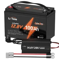 LiTime 12V 100Ah TM LiFePO4 Batterie mit Ladegerät - Schwarz - Hochleistungs-Lithiumbatterie mit 10 Jahren Lebensdauer. Ideal für Trollingmotoren, robust und zuverlässig. Inklusive Ladegerät für schnelles Aufladen und einfache Handhabung.