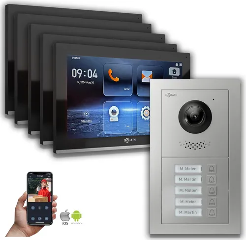 Goliath IP Video-Türsprechanlage 10-Zoll für 5-Familienhäuser - Moderne IP-Video-Türsprechanlage mit 10-Zoll Monitor, Smartphone-App und klarer HD-Videoqualität. Ideal für Sicherheit und Benutzerfreundlichkeit in Wohnanlagen.