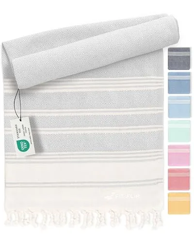 Fit-Flip Hamamtuch aus 100% Baumwolle – saugfähig und schnelltrocknend – türkisches Saunatuch, Strandtuch, Duschtuch, Badetuch, Yogatuch – Light Grey – 100x200cm Diamond