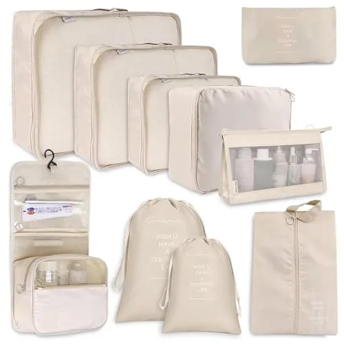 Snarflun Koffer Organizer Set, Packing Cubes for Suitcase Travel Accessories Kofferorganizer Reise Gadget & Reise Organizer Set Kleidertaschen Packwürfel Kosmetik Packtaschen (Beige)