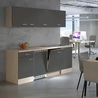 Flex-Well Exclusiv Büroküche Morena 210 cm Basaltgrau matt-San Remo Eiche hell - Küchenzeilen mit moderner Ausstattung, inklusive vollintegriertem Geschirrspüler und viel Stauraum für optimale Funktionalität in Büros oder Wohngemeinschaften.