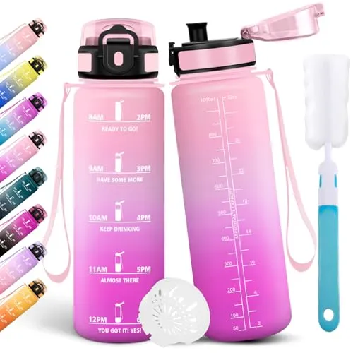 Motswedi Trinkflasche 1l, Sport Wasserflasche, mit Bürste, Auslaufsicher, Trinkflasche Kohlensäure Geeignet, Flasche Sport, Wasserflasche Für Fitness, Wandern, Büro, Camping, Hellrosa & Rosarot