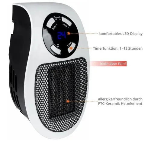 Steckdosen-Heizlüfter GSH 500 K mini 0,5kW - Heizgerät mit einstellbarem Timer und Überhitzungsschutz, ideal für kleine Räume bis 12 m², kompakt und einfach in der Steckdose zu montieren.