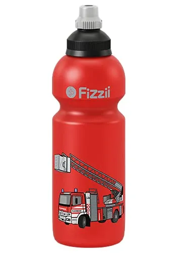 Fizzii Kinder- und Freizeittrinkflasche 600 ml (auslaufsicher bei Kohlensäure, schadstofffrei, spülmaschinenfest, Motiv: Feuerwehr)