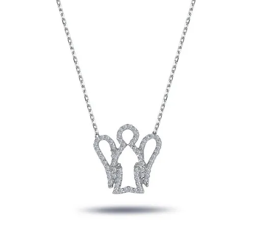Engel Diamanten Anhänger Halskette in 14 Karat Weißgold - Luxuriöse Halskette mit Brillant-Schliff-Diamanten, individuell anpassbar in Kettenlänge und Goldfarbe, perfekt für besondere Anlässe.