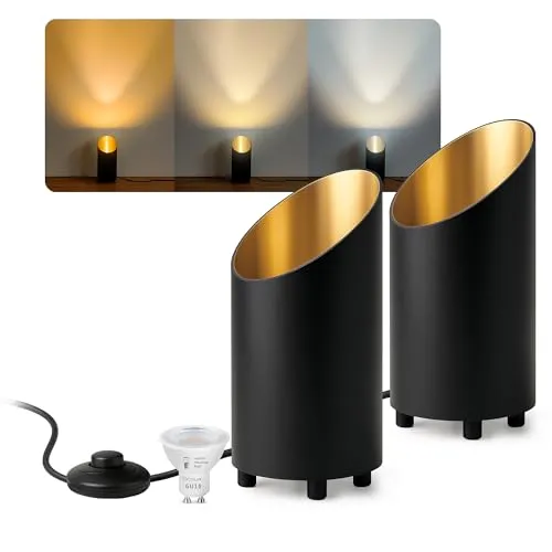 SSC-LUXon AUREVA 2x Bodenlampe weiß - LED GU10 LumiFLEX mit 3 Lichtfarben - Tisch- & Stehleuchten: Elegantes 2er Set in Schwarz-Gold für stimmungsvolles Licht; wählbare Lichtfarben und integrierter Fußschalter für flexibles Ambiente.