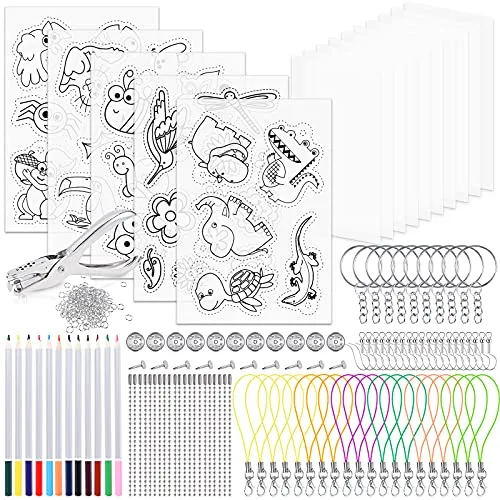 Faburo Schrumpffolie Set 218Pcs DIY Bastelset mit A4 Durchscheinend Schrumpffolienplatten A5 Färbung Schrumpffolienplatten Buntstifte Schlüsselring Locher für DIY Geschenk Dekorationen