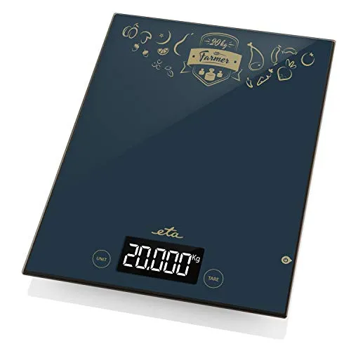 ETA Digitale Küchenwaage Farmer - 20kg Kapazität - Küchenwaagen mit extra großer Wiegefläche aus gehärtetem Glas und TARE-Funktion, ideal für das Wiegen großer Zutatenmengen. Übersichtliches LCD-Display für einfache Ablesbarkeit.