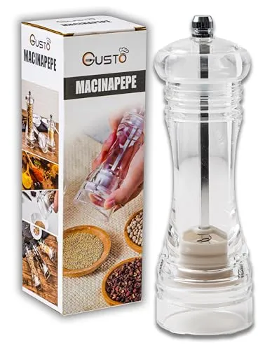 IPEA Transparente manuelle Pfeffermühle für Pfeffer, Chili und Salz – Höhe – kleine klassische Pfeffermühle für die Küche mit Metallschleifer zum Mahlen von Gewürzen, Kümmel, Sesam