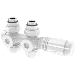 Heilmetz Multiblock Set für Heizkörperanschlussarmatur mit Thermostat 50mm - Praktisches Multiblock Set für Heizkörperanschlüsse in Weiß. Mit einfacher Montage und präziser Temperaturregelung für optimale Wärme in Ihren Wohnräumen. Ideal für Eck- und Durchgangsinstallationen.