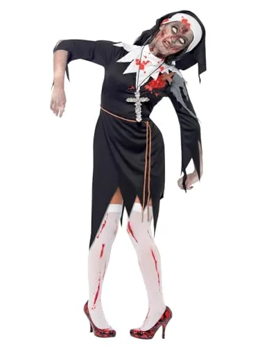 Smiffys Zombiekostüm Blutige Klosterschwester, Schwarz, mit Kleid, Latexwunde, Seilgürtel und Kopfteil