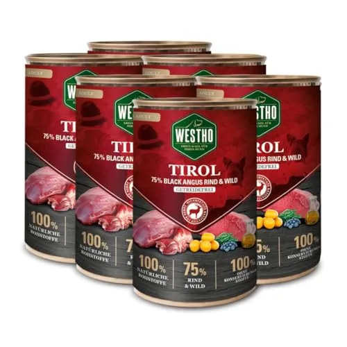 WESTHO Nassfutter Tirol (6 x 400 g) | 75% Black Angus Rind & Wild - Beutelfutter für Hunde, getreidefrei und reich an Antioxidantien für eine optimale Gesundheit deines Hundes. Enthält 75% Fleischanteil für hohe biologische Wertigkeit und Gelenkunterstützung.