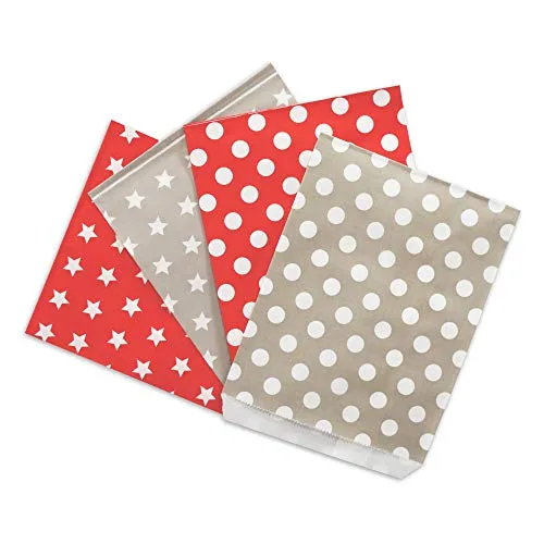 Frau WunderVoll® 100 PAPIERTÜTEN IM Set, 4x25 Stück: rot Sterne, Taupe Sterne, rot Punkte, Taupe Punkte 13x16,5cm, 45Gramm Papier, flach/Hochzeit, Papiertütchen, Mitgebseltüten