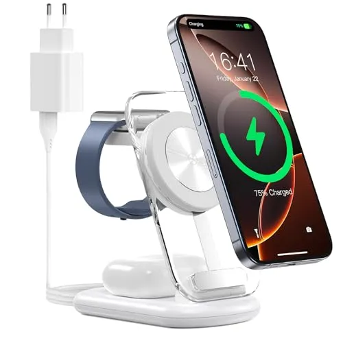 Mag Safe Ladestation für Apple Watch und iPhone - 3 in 1 Faltbar - Kabelloses Qi-Ladegerät, das iPhone, iWatch und AirPods gleichzeitig lädt. Ideal für Reisen, mit einstellbarem Nachtlicht und schneller, sicherer Ladefunktion.