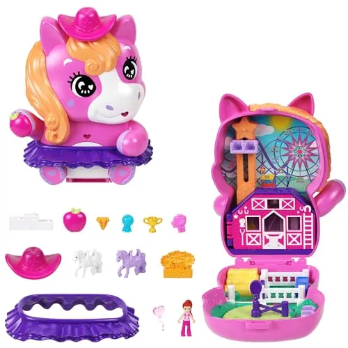 Polly Pocket Puppen und Spielset, Pony-Rodeo-Schatulle, Spielzeug für unterwegs mit 1 kleinen Puppe, Pferdchen, Zubehör für Mode und Essen, JCR39