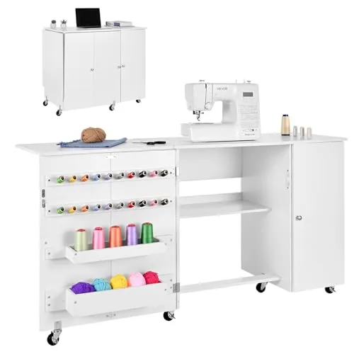VEVOR Nähtisch Nähschrank mit Rädern & Holzrahmen & Ablagefächer & magnetischer Tür, Nähmaschinentisch Mehrzwecktisch 40 kg belastbar für Bastelstation und Beistelltisch weiß