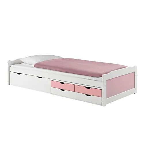 IDIMEX Funktionsbett ANDREA – 90x200 cm mit Stauraum - Praktisches Kinder- und Gästebett in Weiß/Rosa mit 4 Schubladen für optimalen Stauraum, ideal für kleine Räume.