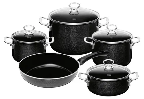RIESS Topfset Black Magic 5-teilig - Koch- & Suppentöpfe mit isoliertem Griff und kratzfester Emaille-Oberfläche, ideal für einfaches Kochen auf Induktions- und Gasherden. Spülmaschinenfest und leicht zu reinigen.