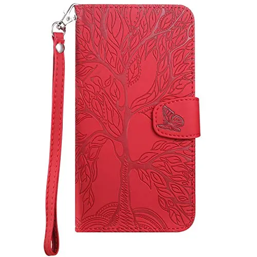 Aisenth Handyhülle für iPhone XS Max, Baum Muster Leder Handytasche Brieftasche Klapphülle Etui Wallet Flip Case Schutz Hülle mit TPU innen Schale, Kartenfächer, Aufstellfunktion -Rot