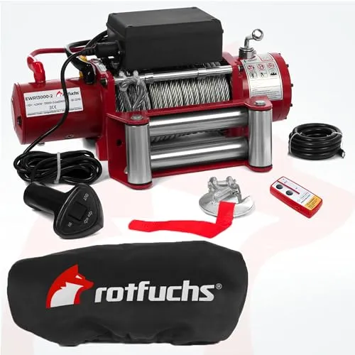 ROTFUCHS Elektrische Seilwinde 12v mit Funkfernbedienung & Schutzhülle – 5909 kg 13000 lbs, 6 PS Power Offroad 4x4 Motorwinde Umlenkrolle Forst Seilzug mit Stahlseil