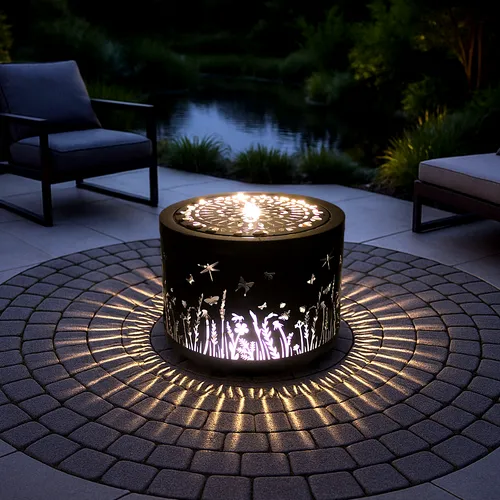 Gartenbrunnen mit LED Beleuchtung - Metall Springbrunnen für stilvolle Gartendeko - Spring- & Zierbrunnen, mit LED-Hintergrundbeleuchtung für stimmungsvolle Atmosphäre, freistehend und in eleganter Kupfer-Optik, ideal für jeden Garten.