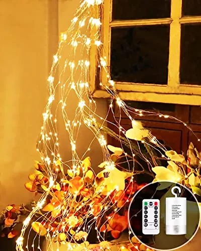 Joysing Lichterschweif 2M 200 LED Lichterschweif mit Batterie und Timer | Fernbedienung 8 Modi Lichterkette Wasserfall Wasserdichte lichterbündel für Giesskanne Innen Außen Garten Deko